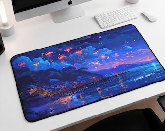 Personalized Coastal Pixel Art Desk Mat, Retro Jellyfish Mouse Pad, Multiple Size Gaming Office Decor, Aesthetic Desk Setup, Gift Idea