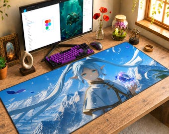 Frieren Anime Desk Mat, Blue Fantasy Elf Girl, Gaming Mouse Pad, Snowy Mountains Setup