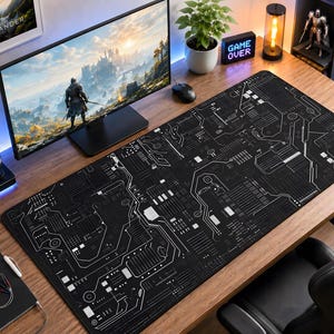 Circuit Board Desk Mat, Minimalist Tech PCB Gaming Mouse Pad, Cyberpunk Workspace (Customizable)