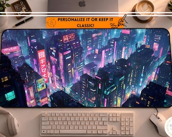 Cyberpunk Neon City Desk Mat Custom Mouse Pad Anime Skyline Aesthetic Gaming Setup Large Extended Mat Vaporwave Tech Art Gift