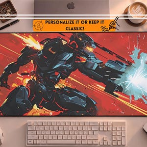May include: A rectangular mousepad featuring a futuristic warrior illustration in black, blue, and red hues. The design includes the text "PERSONALIZE IT OR KEEP IT CLASSIC!" and is surrounded by a white keyboard, mouse, and headphones.