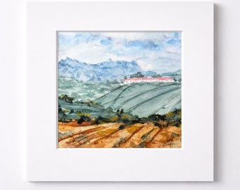 Original Watercolor Landscape Painting, Rural Hills Art, Spanish Countryside, With mat 30x30 cm, Nature Wall Decor