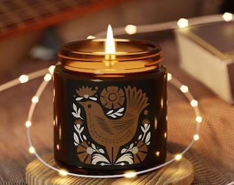Folk Bird Illustration Candle | Amber Soy Jar
