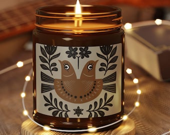 Folk Double Bird Illustration Candle | Amber Soy Jar