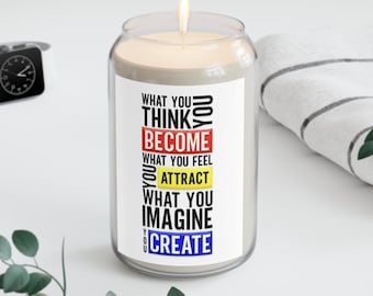 Soy Candle | "What You Think You Become" Typographic Message, Hand-Poured, 70-80 Hour Burn Time