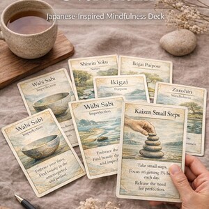 May include: A Japanese-inspired mindfulness deck with cards featuring phrases like "Wabi Sabi" and "Ikigai." The cards are arranged with a cup of tea, a pen, and dried flowers, promoting relaxation and self-care.