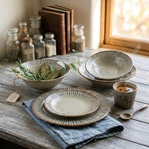 Japanese Style  Minimal Ceramic Plate Bowl Set Modern Tableware Gift for Her Kitchen Decor