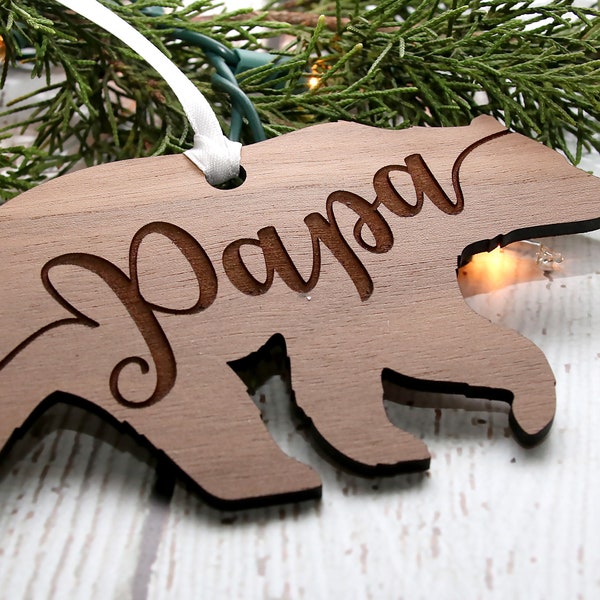 Papa Bear Christmas Ornament | Rustic Bear Ornament for Tree | Laser Cut Wood or Acrylic | Woodland Holiday Cabin Decor Gift