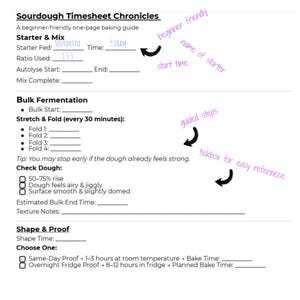 May include: A white, beginner-friendly sourdough timesheet guide. It includes sections for starter and mix, bulk fermentation, stretch and fold, and shape and proof. The guide has checkboxes and fill-in-the-blank sections for easy reference.