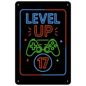 May include: Black metal sign with a neon-style design. The sign features the words "LEVEL UP" in blue and orange, a green and orange controller graphic, and the number "17" in a circle. The sign has a black border with orange and blue accents.