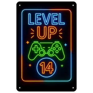 Plaque métallique AstraDesign « Level Up » pour 14e anniversaire, thème jeux vidéo, 20 x 30 cm – Décoration néon en forme de manette de jeu