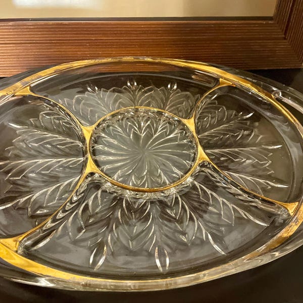 Vassoio ovale per salse Jeannette Glass a 5 scomparti con manici in foglia d'oro