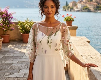 Floral Lace Bridal Bolero | Jewel Neckline Wedding Shawl Evening Wrap