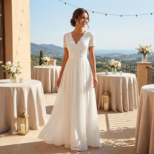 Elegante kanten maxi-jurk met V-hals | Zijden chiffon bruidsavondjurk trapezerok