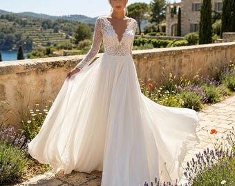 Boho Ivory A-Line Wedding Dress | V-Neck Lace Chiffon Plus Size Bridal Gown