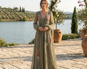 Romantic Floral Maxi Dress | V-Neck Trapeze Summer Wedding Guest Dress