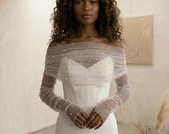 Pearl Tulle Bridal Bolero | Off-Shoulder Wedding Shrug Elegant Bridal Wrap