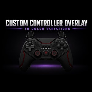 以下が含まれることがあります： 黒いビデオゲームコントローラーで、ジョイスティックとサイドグリップに赤いアクセントがあります。暗い背景の上に、白と紫の文字で「CUSTOM CONTROLLER OVERLAY」および「10 COLOR VARIATIONS」と表示されています。
