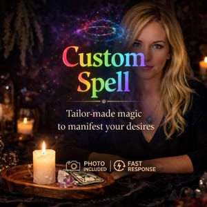 Puede incluir: Imagen de una mujer rubia con la inscripción "Custom Spell" en colores arcoíris. El texto dice "Tailor-made magic to manifest your desires". Una vela encendida, cristales y cartas del tarot están sobre una bandeja de madera.