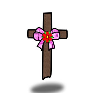 Peut inclure: Une croix en bois ornée d'un nœud rose et d'une fleur rouge. La croix est de couleur marron foncé avec un aspect de grain de bois. Le nœud présente un motif en forme de briques et la fleur a un centre jaune.