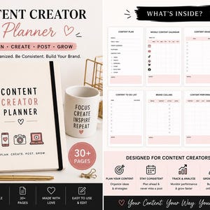 May include: A spiral-bound Content Creator Planner with a cream-colored cover, featuring the title in pink and black. The image includes a mug, pen, and candle. The planner is designed to help users plan, create, post, and grow their content.