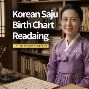 May include: A woman in a purple traditional Korean dress smiles in front of a bookshelf. The text "Korean Saju Birth Chart Reading" is displayed, along with "140+ Page Personalized PDF Report | 24hr". A desk with calligraphy tools and papers is in the foreground.