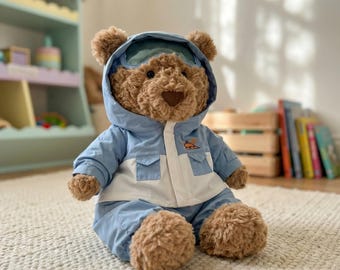 Teddybär mit Kapuze Plüschtier, weiches blaues Outfit Stofftier, kuscheliges Babyspielzeug