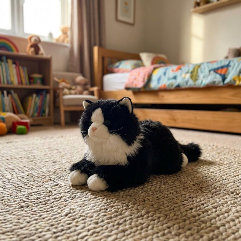 May include: A plush black and white cat toy with a pink nose and white paws is lying on a beige rug. The cat is in a child's bedroom with a wooden bed, bookshelf, and toys.