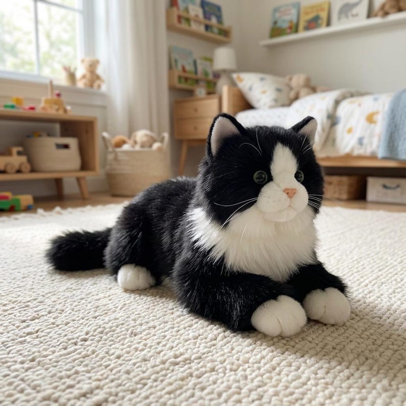 May include: A plush black and white cat toy with a white chest and paws. The stuffed animal cat is lying on a cream-colored rug in a child's bedroom. The cat has green eyes and a pink nose.