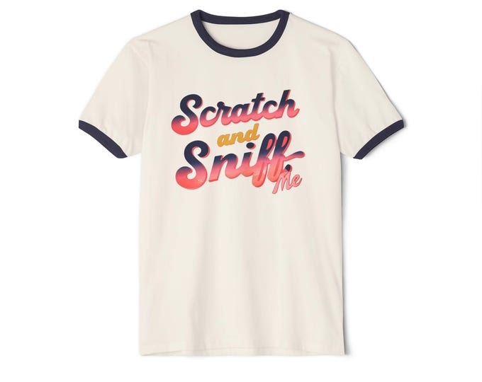 Featured listing image: Cheeky Scratch and Sniff Me Ringer Tee, Unisex Cotton Tee, Sarcastic Graphic Shirt, Humorous Tee, Funny Gift Shirt
