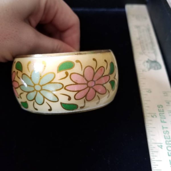 Vintage Enamel Cuff Bangle Bracelet Floral Design Gold Tone