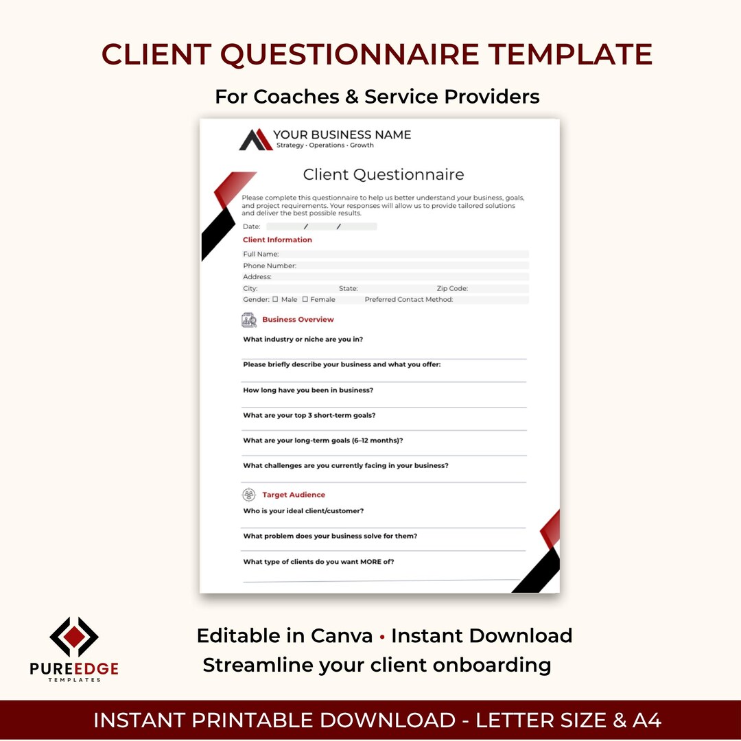 Client Questionnaire Template Canva | Coaching Intake Form (digital ...