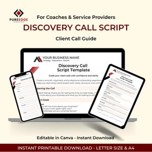 Può includere: Un mockup digitale di un laptop, tablet e smartphone che mostra un "Discovery Call Script Template". Il modello è progettato per coach e fornitori di servizi. Il testo include "Client Call Guide" e "Editable in Canva".