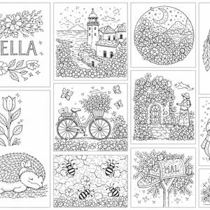 May include: A collection of black and white line art illustrations, including floral designs, a bicycle with a flower basket, a dreamcatcher, and a sleeping hedgehog. The word "ISABELLA" is featured in a floral frame.
