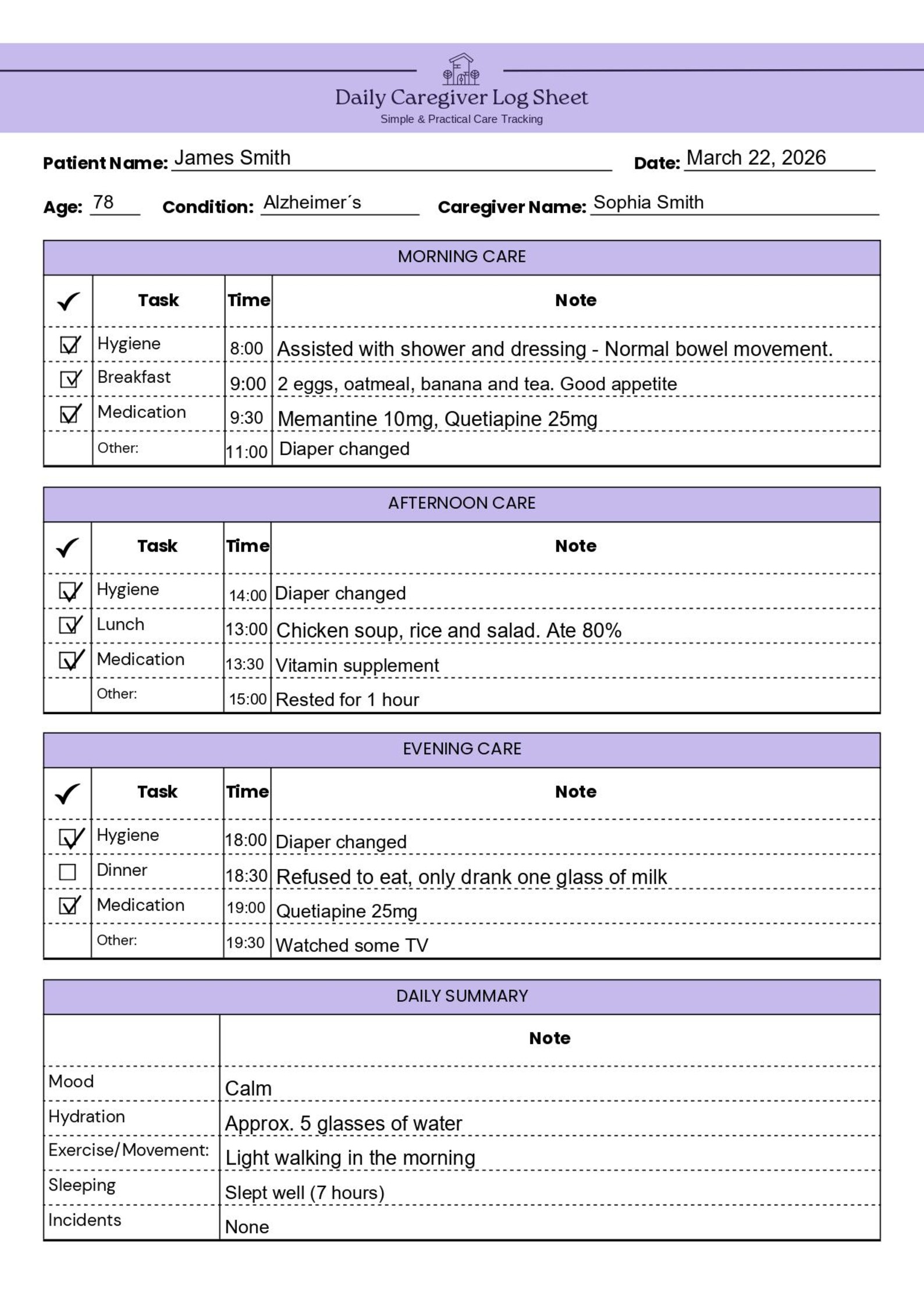Caregiver Daily Log Sheet Printable | Elderly Care Tracker | Home Care ...