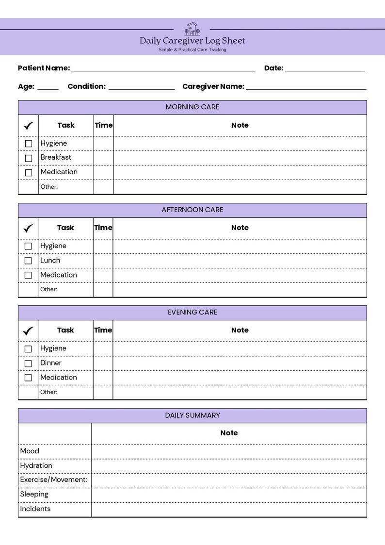 Caregiver Daily Log Sheet Printable | Elderly Care Tracker | Home Care ...