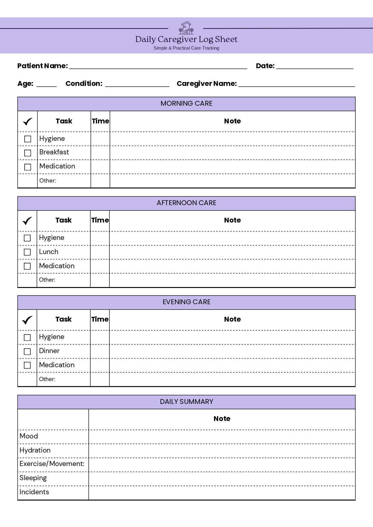 Caregiver Daily Log Sheet Printable | Elderly Care Tracker | Home Care ...