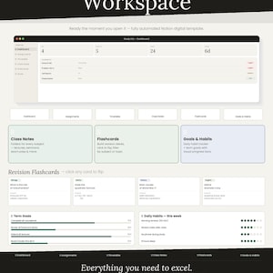 Op de afbeelding: Een digitale Notion-studiewerkruimtetemplate met een strak, modern ontwerp. De interface bevat secties voor dashboards, opdrachten, lesnotities, flashcards en doelen. De tekst luidt "All-in-one Notion Study Workspace" en "Instant Download."