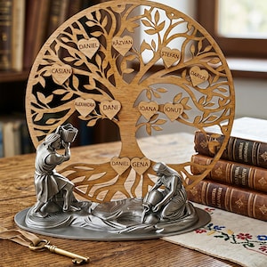 May include: A wooden family tree with heart-shaped name tags. The tree is set on a metal base with two figures. The names Daniel, Razvan, Stefan, Darius, Casian, Alexandra, Dani, Ioana, Ionut, and Gena are visible.