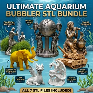 May include: A digital collection of 7 aquarium bubbler STL files featuring a classical statuette, a world globe, a snake charmer, a yellow elephant, a tank, and two dragon designs. The image displays the text ULTIMATE AQUARIUM BUBBLER STL BUNDLE.