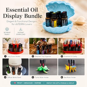 May include: A digital file for 3D printing an essential oil display bundle featuring a light blue seashell holder, a red lazy susan, an elephant tray, a red caddy, a diffuser stand, a green turtle roller holder, and a yellow bee roller holder.