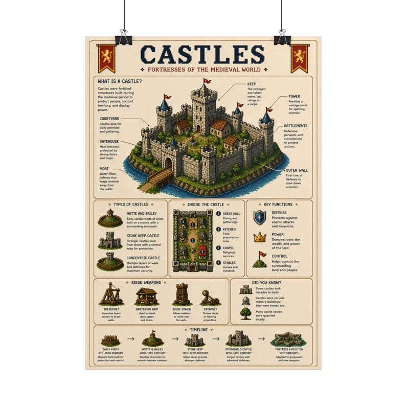 Castles Pixel Art Infographic Poster | Medieval Castle Diagram, History ...