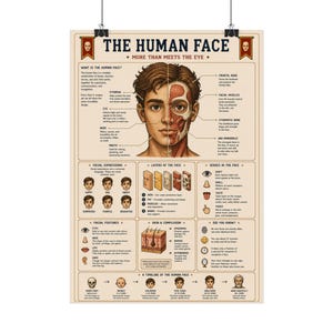 人間の顔のピクセルアートインフォグラフィックポスター｜顔の特徴、目、筋肉