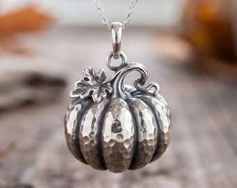 May include: A silver pendant shaped like a pumpkin with a hammered, textured finish and a single leaf detail, suspended from a delicate silver chain. The metal has dark oxidized accents in the crevices to highlight the rounded, ribbed form.