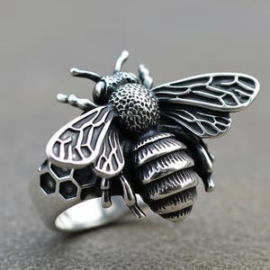 Sterling Silver Bee Ring, Nature Inspired Minimalist Jewelry, Adjustable Band