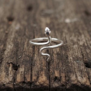 May include: A silver-toned ring shaped like a coiled snake. The band features a textured, scale-like pattern that wraps around the finger, with the snake's head raised at the top and the tail curving downward to complete the circular design.