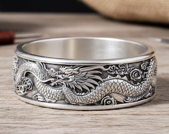 Oxidierter Sterling Silber Drachen Ring | Breites Band, Gothic Schmuck