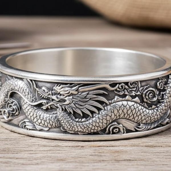 Oxidized Sterling Silver Dragon Ring | Wide Band, Gothic Jewelry