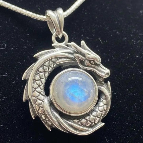 Sterling Silver Dragon Pendant Necklace | Blue Flash Moonstone, Fantasy Jewelry