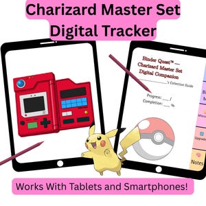 May include: Digital tracker with the text "Charizard Master Set Digital Tracker". The image shows a red digital device and a digital companion guide with a Pokeball graphic. The text "Works With Tablets and Smartphones!" is also visible.